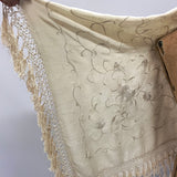 prettily embroidered tonal cream or ivory silk antique to vintage Edwardian canton embroidery piano shawl 1900s 1910s wedding