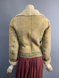 1970s vintage sheepskin folk style shearling fitted jacket with forest green border print