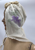 silk chiffon turban styled hooded train c.1930s with embroidered wisteria and chenille