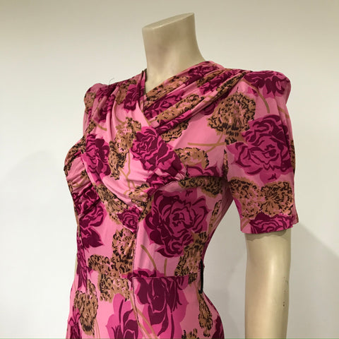 Wounded but still wearable - pink 1940s bold flower print dress