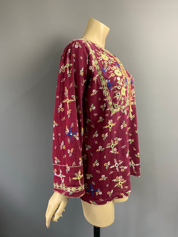 Late 1960s to 1970s original printed cotton mirrored and embroidered blouse
