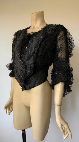 C.1890s to 1900s Jay’s pigeon fronted mourning bodice polka dot
