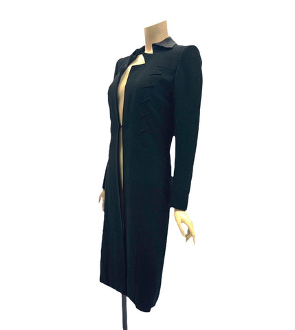 C. 1930s Peter Russell couture vintage Art Deco black longline fitted crepe coat or jacket