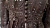 vintage 1970s brown moss crepe Ossie style blouse with iridescent glitter repeat print