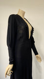 Art Deco vintage black rayon crepe plunge neck dress with oriental cut work detail and bishop’s sleeves