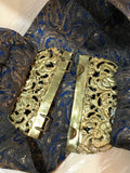 vintage blue and gold metallic fabric belt with large Czech buckle