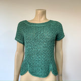 c.1960s soft jade green ribbon work knitted vintage blouse with capped sleeves