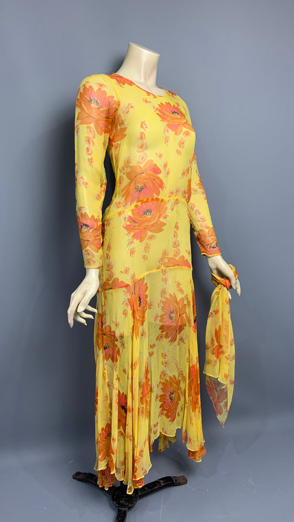 Late 1920s silk chiffon floral dress with handkerchief hem and matchin After Number Nine Late 1920s silk chiffon floral dress with handkerchief hem and matchin After Number Nine