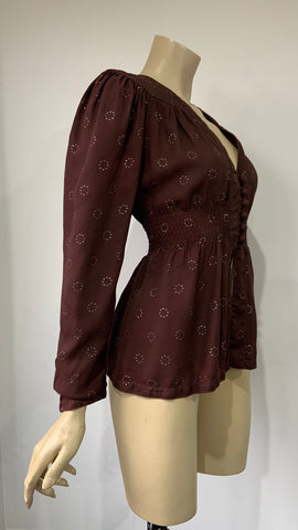 vintage 1970s brown moss crepe Ossie style blouse with iridescent glitter repeat print