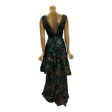 ON LAYAWAY Vintage late 1930s full length evening dress in oriental green and metallic printed cloqué fabric