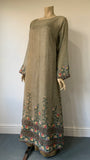 Arts and Crafts style vintage hand embroidered palest green full length tunic dress