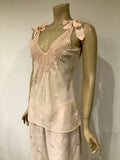 vintage 1930s pale shell pink two piece bias cut lounge set in subtle figural silk damask