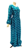 Late 1960s to early 70s vintage Indian block printed silk dress with balloon sleeves by Anne of India