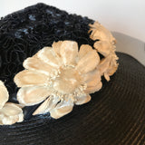 Vintage 1930s navy blue wide brimmed darkest navy blue hat with glacé ribbon, soutache and daisies