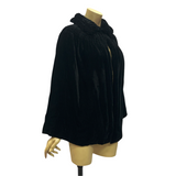 Late 1920s to 1930s black velvet opera cape with ruching and smocking to shoulders