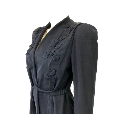 Late 1930s darkest navy gabardine coat with appliqués details