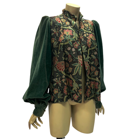 1970s? Vintage homemade costume dept jacket with bird damask and antique velvet puffed sleeves 