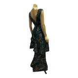 ON LAYAWAY Vintage late 1930s full length evening dress in oriental green and metallic printed cloqué fabric