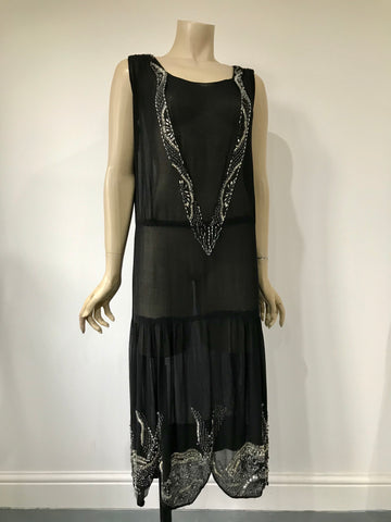 Original 1920s black chiffon and silver beaded flapper dress