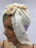 silk chiffon turban styled hooded train c.1930s with embroidered wisteria and chenille