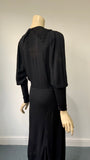 Art Deco vintage black rayon crepe plunge neck dress with oriental cut work detail and bishop’s sleeves