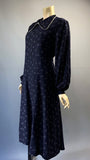 Vintage 1940s style navy and white printed day dress - maternity ? or adjust belt!