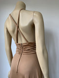 1970s vintage bernshaw plunge front maxi dress in caramel