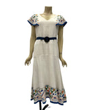 Later 1920s to 1930 drop waisted ecru linen vintage day dress with Egyptian influence embroidery