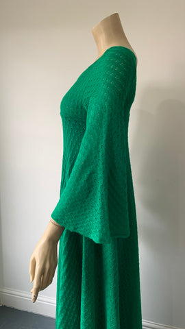 Bold green trapeze knit 1970s vintage maxi dress
